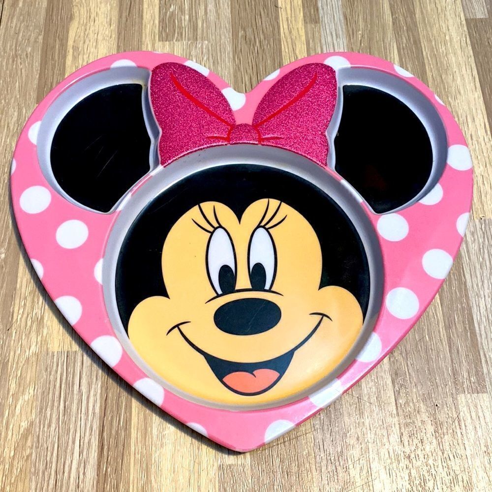 Disney Store Minnie Heart Shaped Plate COMPARTMENTS Glitter Bow CHILDS 9.5" euc